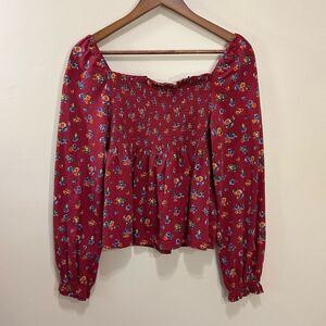 Polo Ralph Lauren Girls Top Size 5 Burgundy Floral Smocked‎ Square Neck Blouse